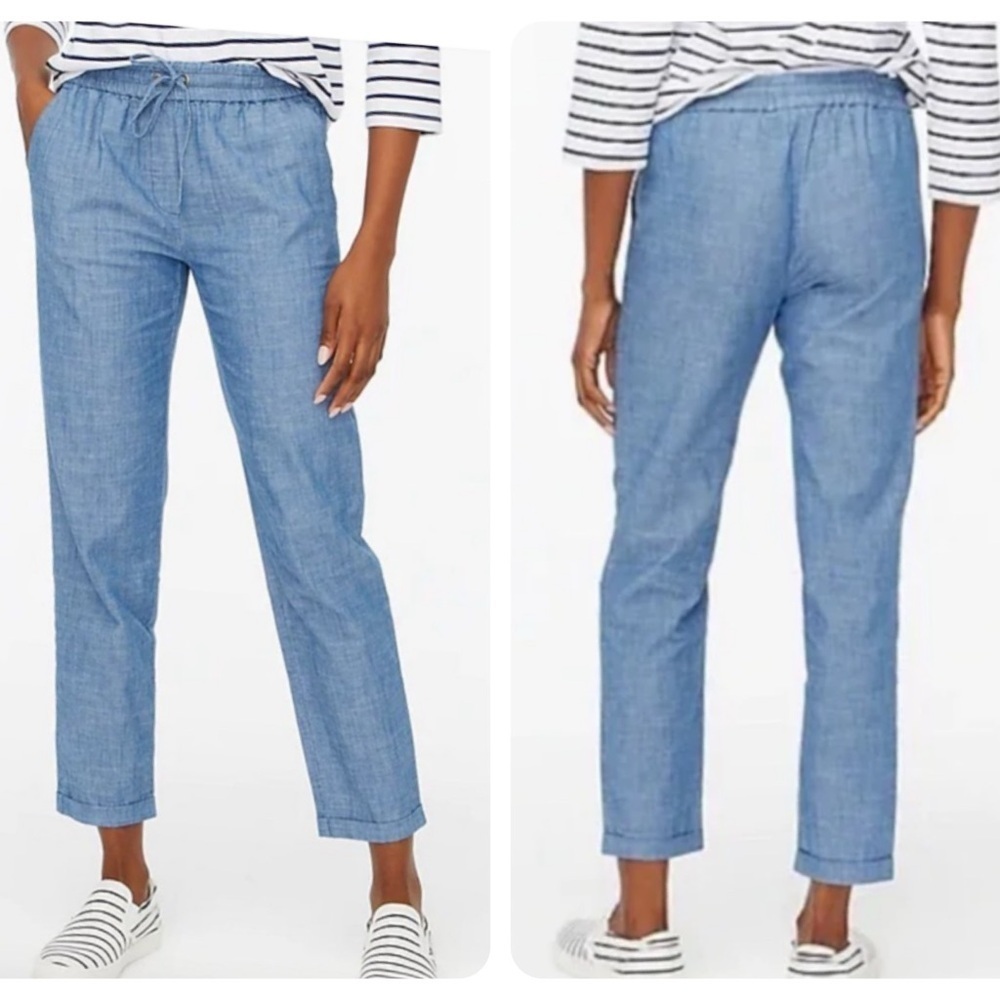 J. Crew Chambray Cotton Cropped Pants Drawstring Tie Waist Blue Size 4